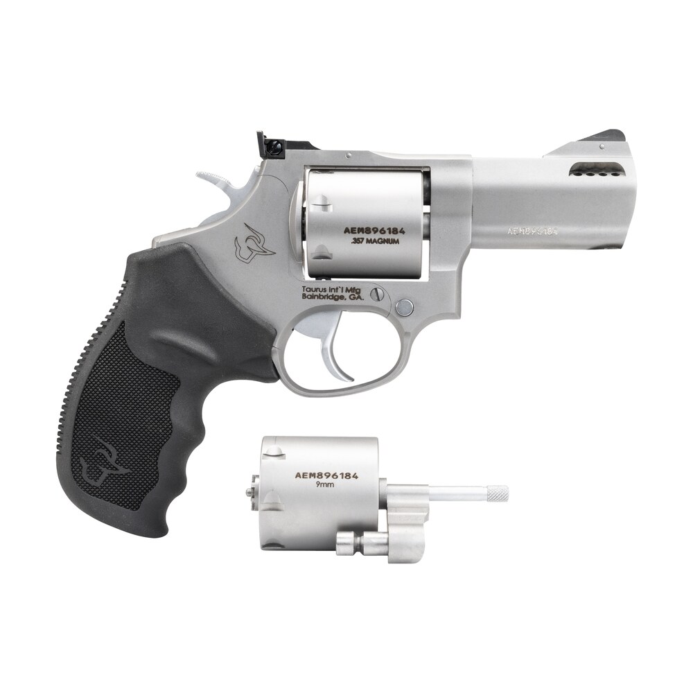 taurus 2 692039 692 medium 38 special +p/357 mag/9mm luger 7 shot 3" matte stainless ported barrel, cylinder & frame, black ribber grip, transfer bar safety, exposed hammer, 2 cylinders Taurus 2-692039 692 Medium 38 Special +P/357 Mag/9mm Luger 7 Shot 3" Matte Stainless Ported Sports South item 100192