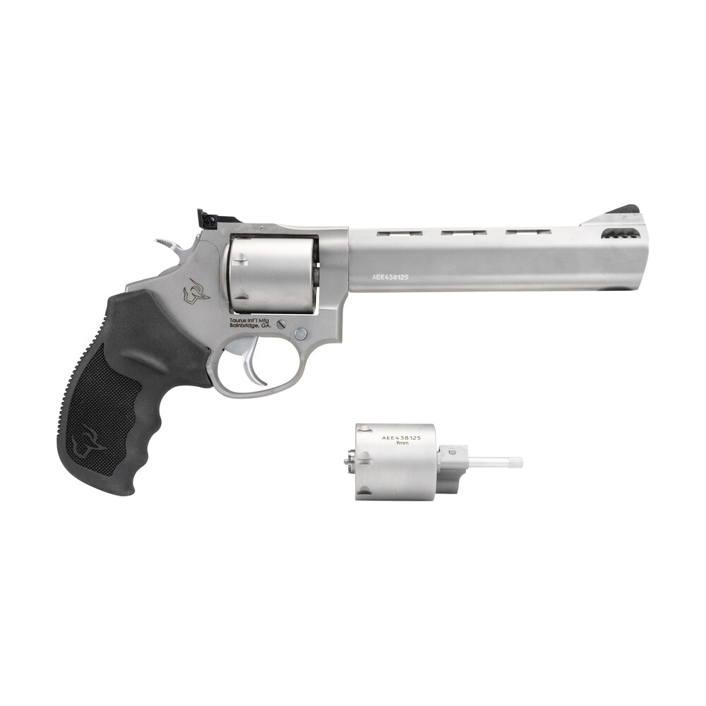 taurus 2 692069 692 medium 38 special +p/357 mag/ 9mm luger 7 shot 6.50" matte stainless vent rib barrel, cylinder & frame, black ribber grip, transfer bar safety, exposed hammer, 2 cylinders Taurus 2-692069 692 Medium 38 Special +P/357 Mag/ 9mm Luger 7 Shot 6.50" Matte Stainless Vent Sports South item 100194
