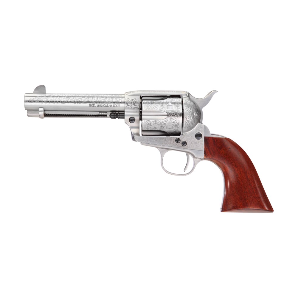 taylors & company 550926 1873 cattleman 45 colt (lc) caliber with 4.75" barrel, 6rd capacity cylinder, overall white floral engraved finish steel & walnut grip Taylors & Company 550926 1873 Cattleman 45 Colt (LC) Caliber Sports South item 101946