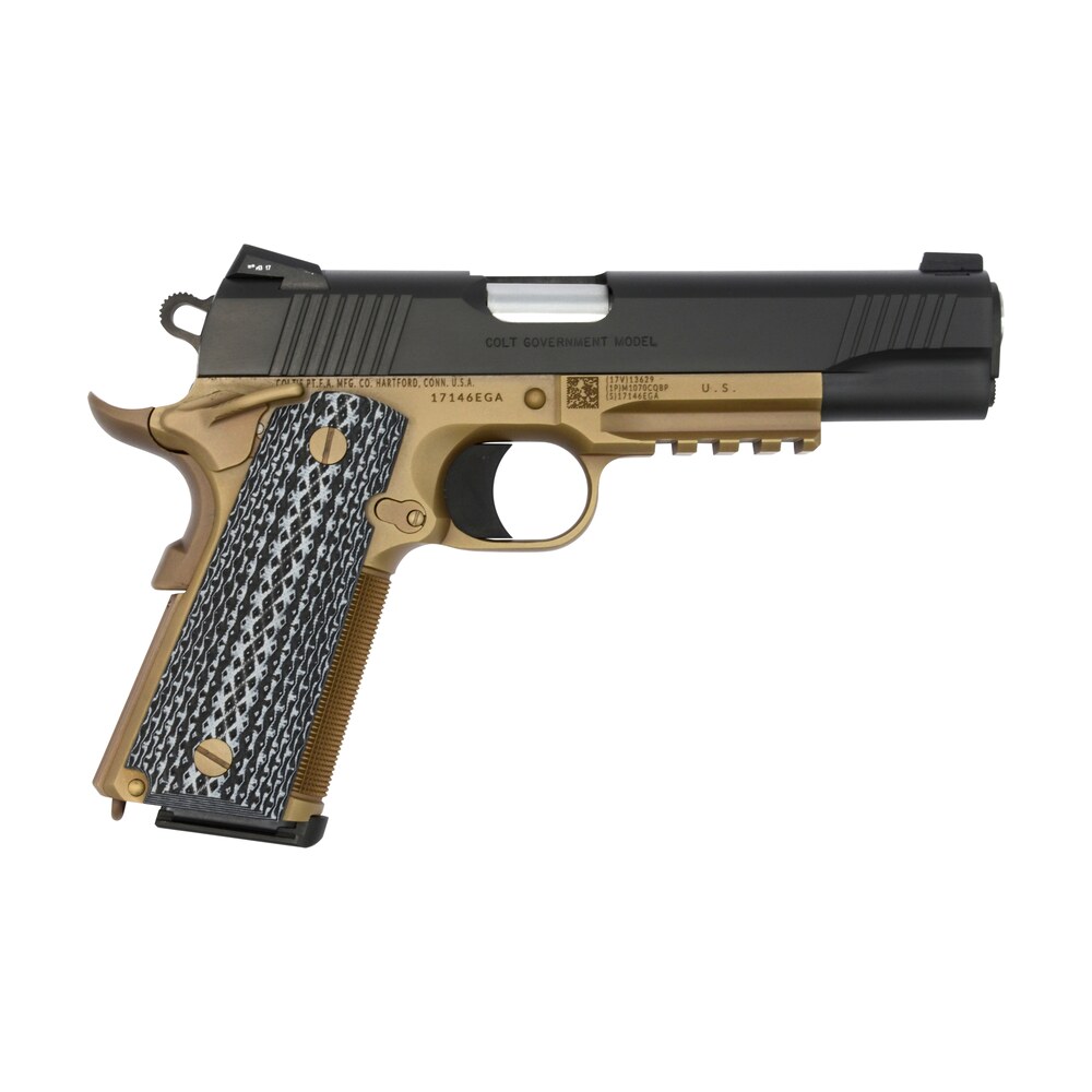 colt mfg o1070cqbfb custom cqb 45 acp 8+1 5" stainless national match barrel, black serrated carbon steel slide, flat dark earth steel frame w/picatinny rail, black g10 grip, ambidextrous Colt Mfg O1070CQBFB Custom CQB 45 ACP 8+1 5" Stainless National Match Sports South item 102034