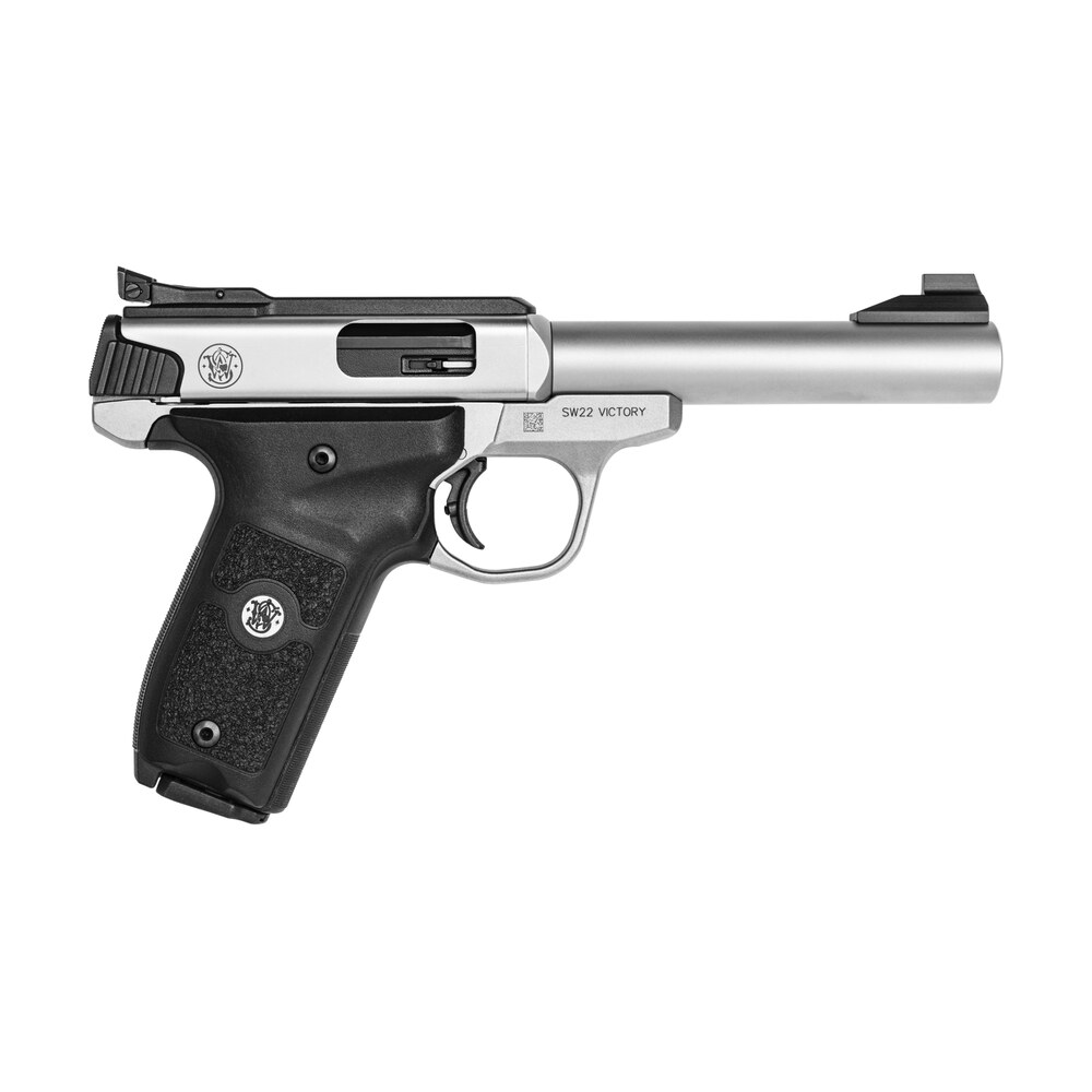 smith & wesson 11536 sw victory target *ma compliant 22 lr 5.50" bull barrel 10+1, stainless steel barrel, slide, & frame, black polymer grip with integrated target thumb rest, manual safety Smith & Wesson 11536 SW Victory Target *MA Compliant 22 LR 5.50" Bull Barrel 10+1, Sports South item 102139