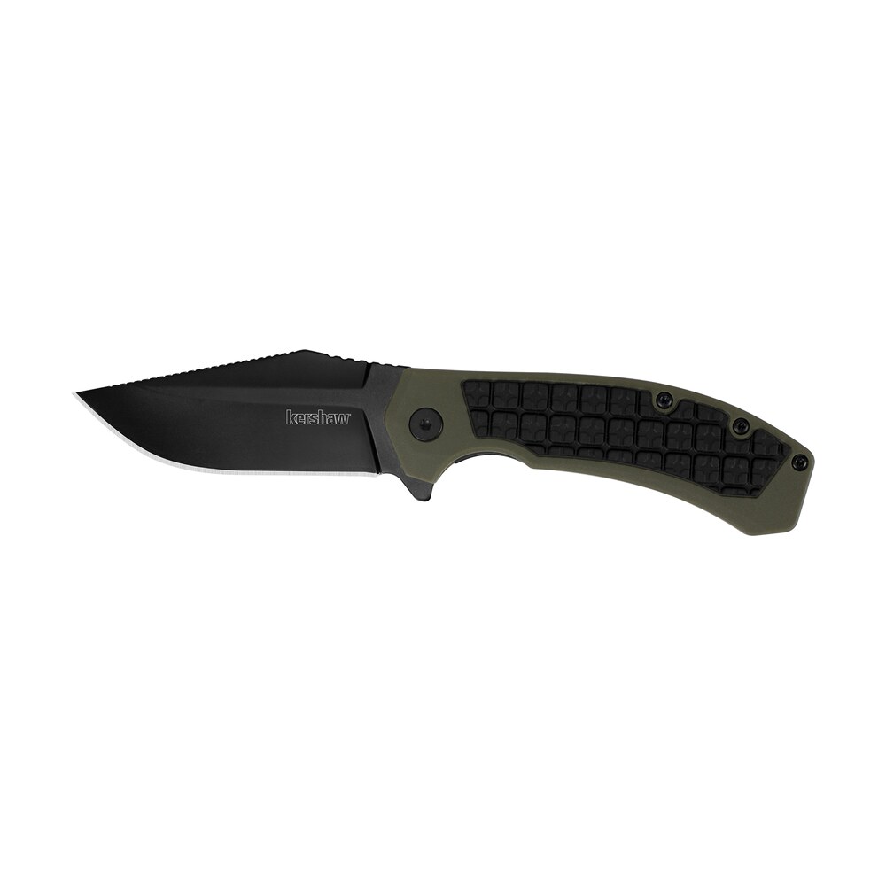 kershaw 8760 faultline 3" folding drop point plain black oxide 8cr13mov ss blade black/od green glass filled nylon handle includes pocket clip Kershaw 8760 Faultline 3" Folding Drop Point Plain Black Oxide 8Cr13MoV SS Blade Black/OD Green Sports South item 102399