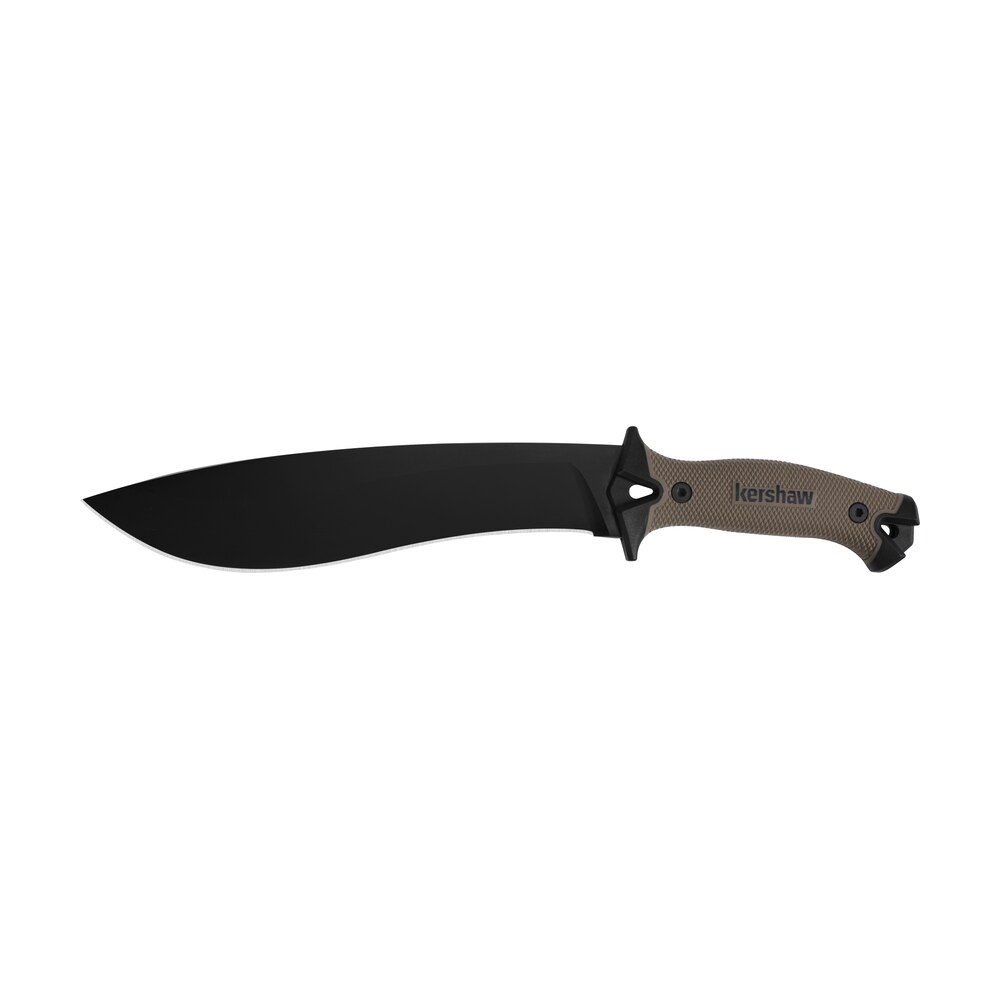 kershaw 1077tan camp 10 10" black powder coated 65mn carbon steel blade black/tan glass filled nylon handle 16" long includes sheath Kershaw 1077TAN Camp 10 10" Black Powder Coated 65Mn Carbon Steel Blade Black/Tan Glass-Filled Sports South item 102407