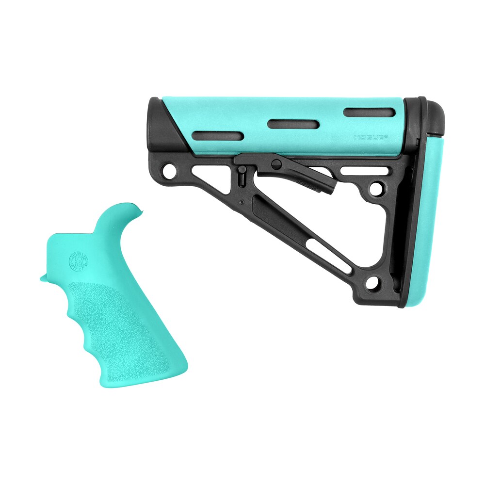 hogue 13456 overmolded 2 piece kit collapsible aqua overmolded rubber black & aqua rubber grip for ar15, m16 with mil spec tube (tube not included) Hogue 13456 OverMolded 2-Piece Kit Collapsible Aqua OverMolded Rubber Black & Aqua Rubber Sports South item 102646