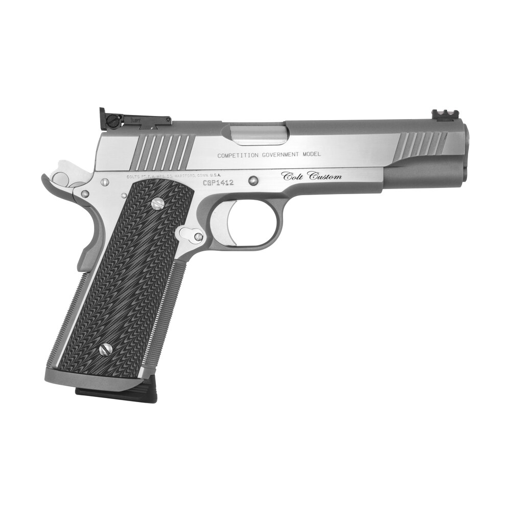 colt mfg o1070cs custom competition 45 acp 8+1 5" stainless national match barrel, stainless steel serrated slide & frame w/beavertail, black g10 grip, ambidextrous Colt Mfg O1070CS Custom Competition 45 ACP 8+1 5" Stainless National Match Sports South item 102840