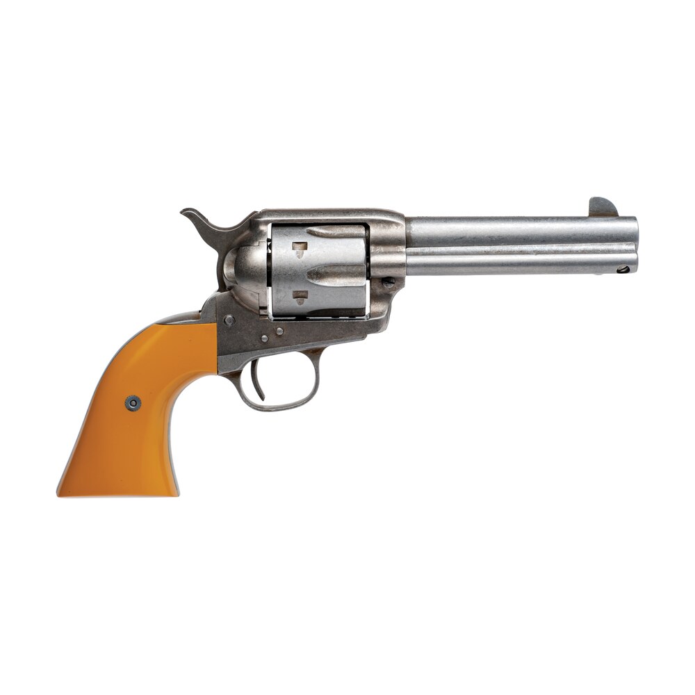 cimarron rs410 hollywood series rooster shooter 45 colt (lc) 6 shot, 4.75" trail worn blued steel barrel, cylinder & frame, wide front sight, aged looking orange finger grooved grip Cimarron RS410 Hollywood Series Rooster Shooter 45 Colt (LC) 6 Shot, 4.75" Trail Worn Blued Sports South item 103023