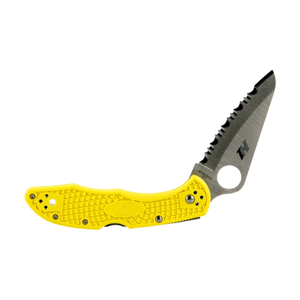 spyderco c88syl2 salt 2 3" folding clip point serrated h1 steel blade yellow bi directional texturing frn handle includes pocket clip Spyderco C88SYL2 Salt 2 3" Folding Clip Point Serrated H1 Steel Blade Yellow Bi-Directional Sports South item 103653