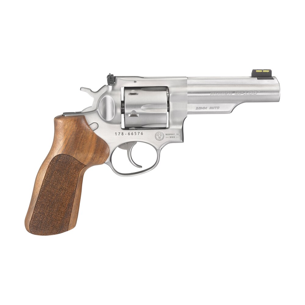 ruger 1775 gp100 match champion 10mm auto 6rd 4.20" satin stainless half lug barrel, cylinder & frame, hogue stippled hardwood grip, transfer bar safety Ruger 1775 GP100 Match Champion 10mm Auto 6rd 4.20" Satin Stainless Half-Lug Sports South item 104240