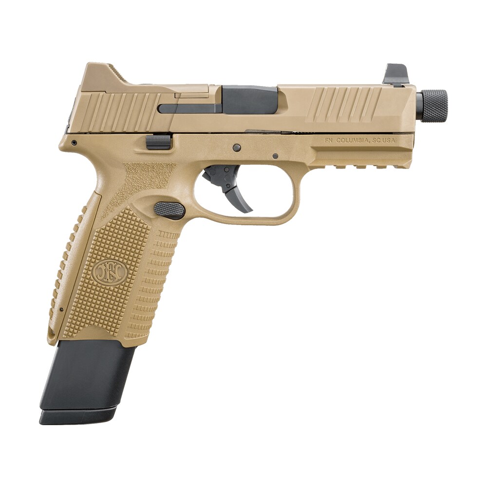 fn 66100373 509t 9mm luger 17+1/24+1 4.50" black steel threaded barrel, flat dark earth optic cut/serrated stainless steel slide, flat dark earth polymer frame w/picatinny rail FN 66100373 509T 9mm Luger 17+1/24+1 4.50" Black Steel Threaded Sports South item 104366