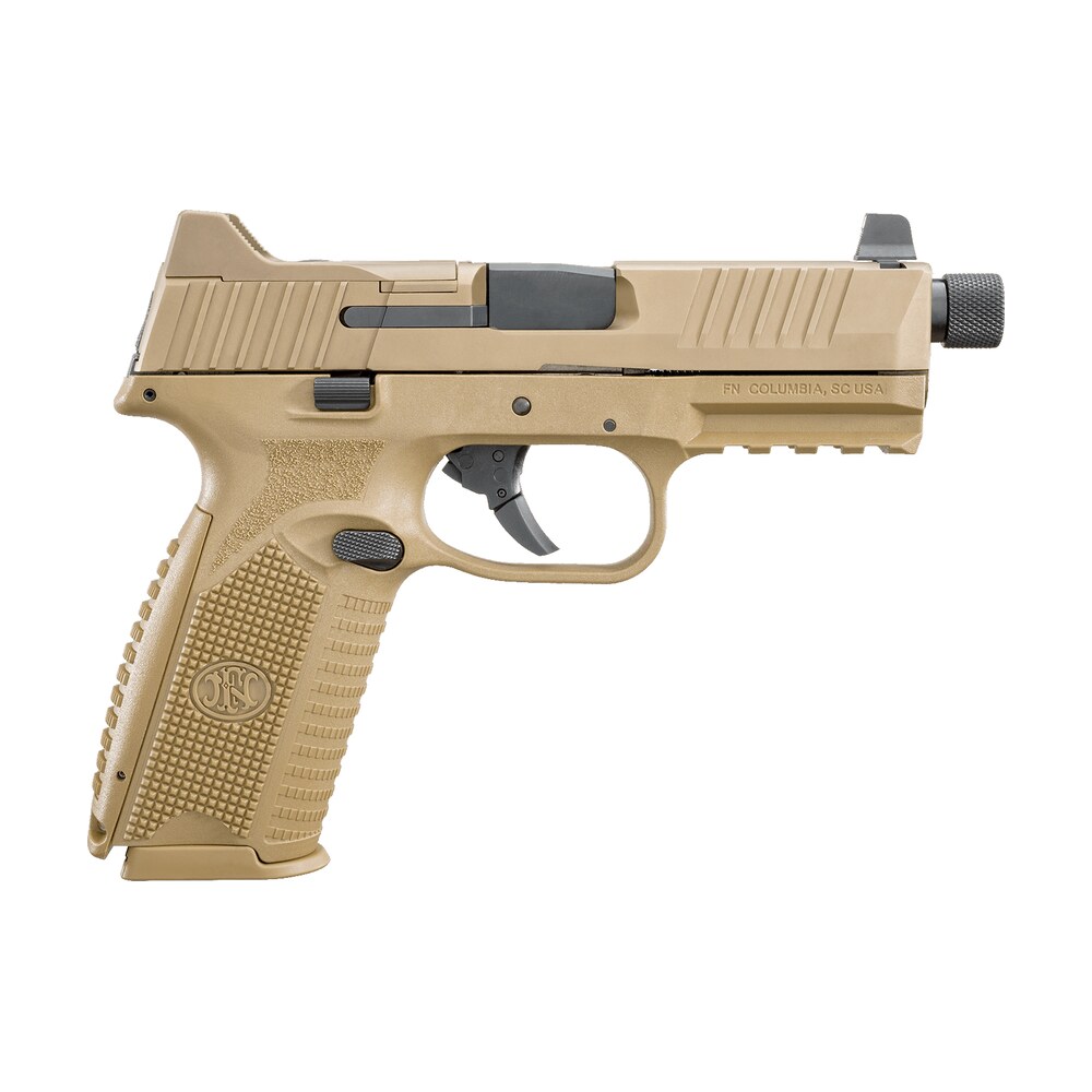 fn 66100383 509t 9mm luger 10+1 4.50" black steel threaded barrel, flat dark earth optic cut/serrated stainless steel slide, flat dark earth polymer frame w/picatinny rail FN 66100383 509T 9mm Luger 10+1 4.50" Black Steel Threaded Sports South item 104367