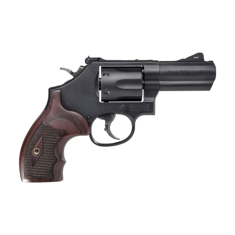 smith & wesson 12039 pc model 19 carry comp k frame 357 mag 38 s&w spl +p 6 shot 3" black powerport vented barrel black cylinder black carbon steel frame finger grooved wood grip exposed hammer Smith & Wesson 12039 PC Model 19 Carry Comp K-Frame 357 Mag 38 S&W Spl +P 6 Shot 3" Sports South item 104706