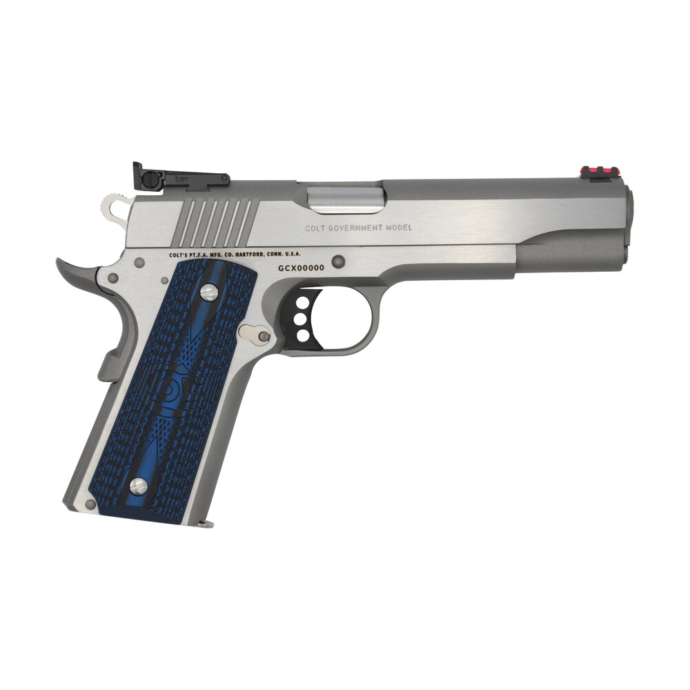 colt mfg o5072gcl gold cup lite 9mm luger 8+1 5" stainless national match barrel, stainless steel serrated slide, stainless steel frame w/beavertail, blue scalloped g10 grip, ambidextrous Colt Mfg O5072GCL Gold Cup Lite 9mm Luger 8+1 5" Stainless National Match Sports South item 104960