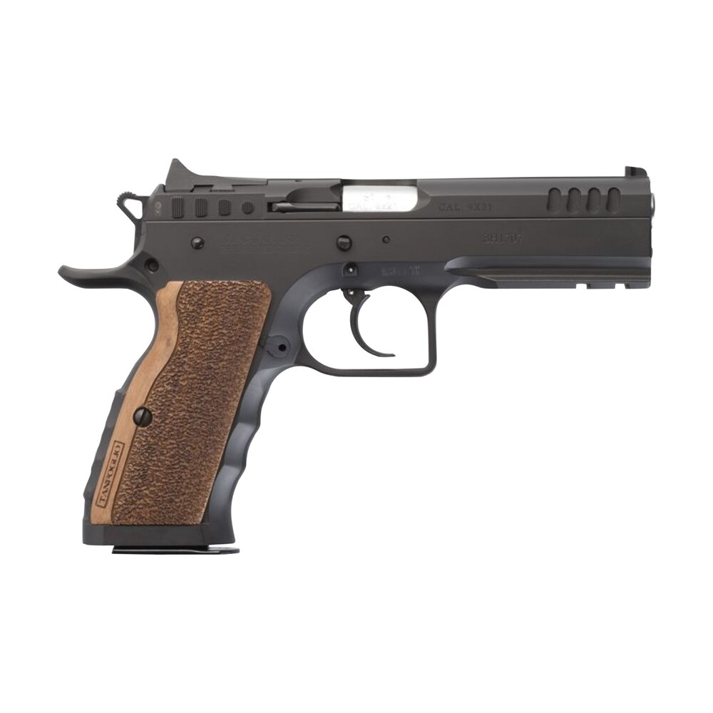 tanfoglio ifg tfstocki9 defiant stock i 9mm luger caliber with 4.50" barrel, 16+1 capacity, overall black finish steel, picatinny rail/beavertail frame, serrated slide & wood grip Tanfoglio IFG TFSTOCKI9 Defiant Stock I 9mm Luger Caliber Sports South item 105628
