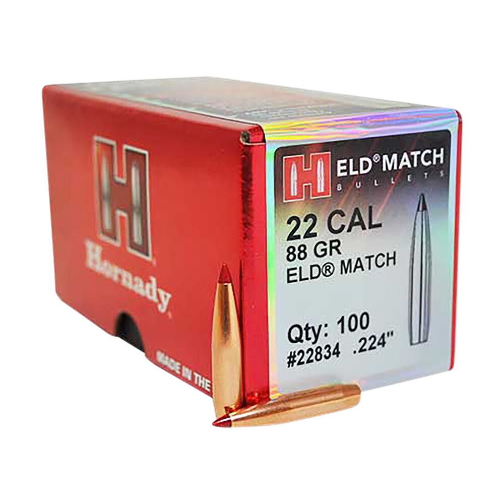 hornady 22834 eld match 22 cal .224 88 gr extremely low drag match 100 per box/ 25 case Hornady 22834 ELD Match 22 Cal .224 88 gr Extremely Low Drag Match 100 Per Box/ 25 Case Sports South item 107652