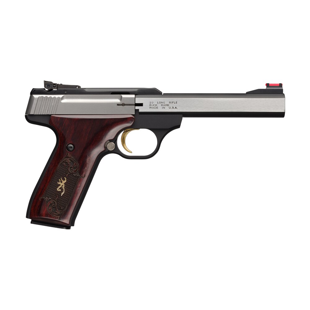 browning 051543490 buck mark medallion 22 lr 10+1 5.50" blackened ss slab side barrel, stainless steel serrated ss slide, matte black aluminum frame, checkered rosewood w/gold buckmark inlay grip Browning 051543490 Buck Mark Medallion 22 LR 10+1 5.50" Blackened SS Slab Side Sports South item 108000