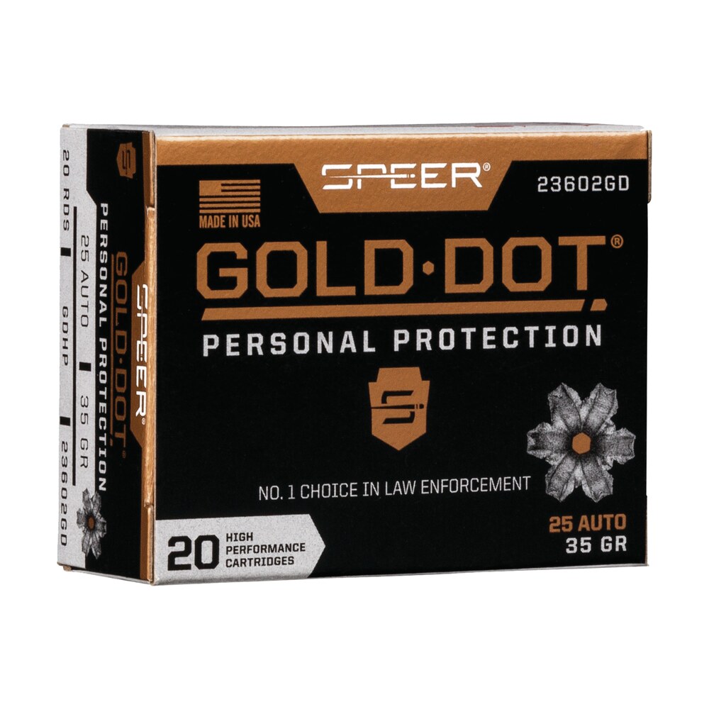 speer 23602gd gold dot personal protection 25acp 35gr hollow point 20 per box/10 case Speer 23602GD Gold Dot Personal Protection 25ACP 35gr Hollow Point 20 Per Box/10 Case Sports South item 108151