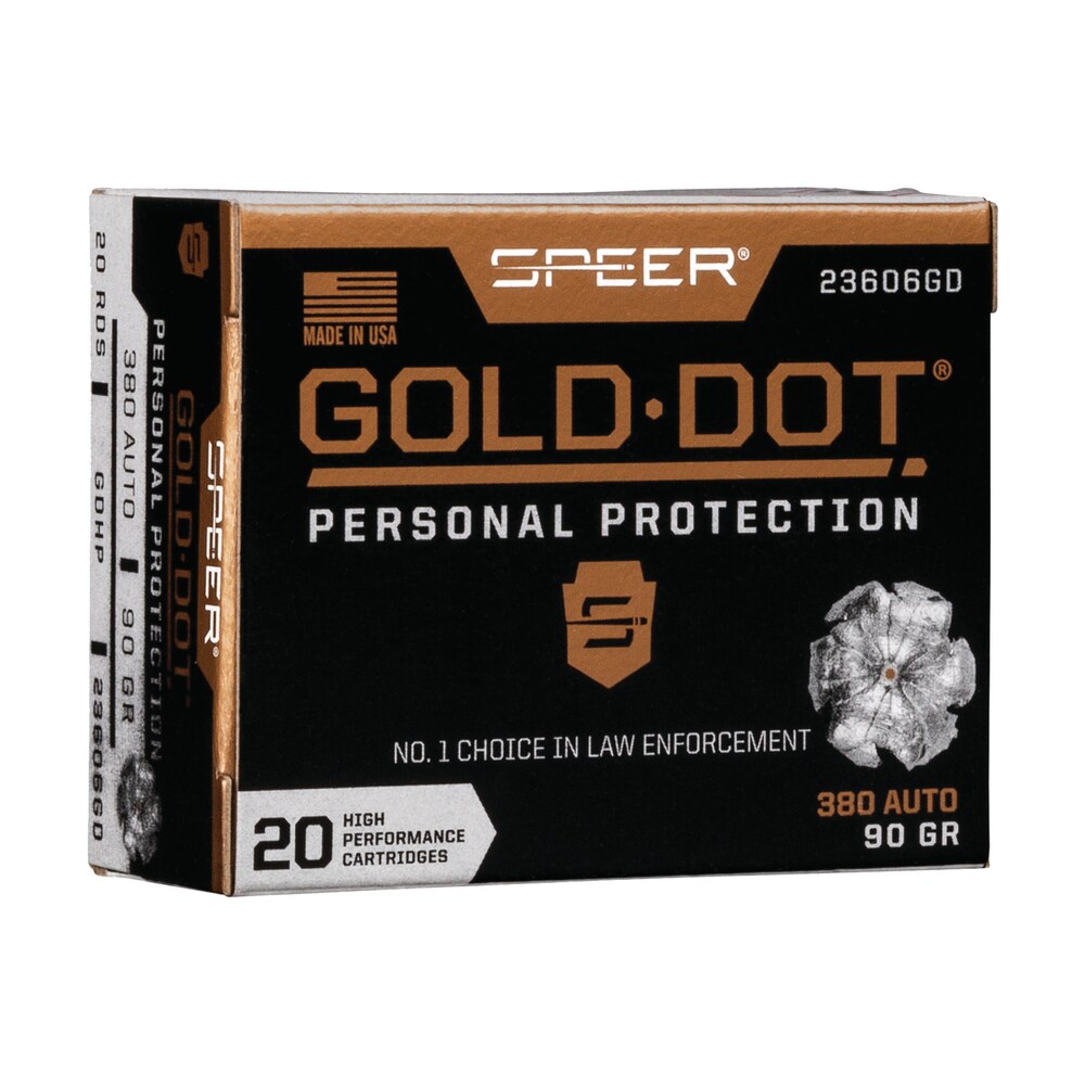 speer 23606gd gold dot personal protection 380acp 90gr hollow point 20 per box/10 case Speer 23606GD Gold Dot Personal Protection 380ACP 90gr Hollow Point 20 Per Box/10 Case Sports South item 108154