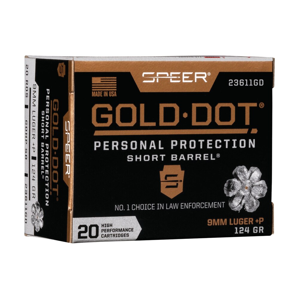 speer 23611gd gold dot personal protection short barrel 9mmluger+p 124gr hollow point 20 per box/10 case Speer 23611GD Gold Dot Personal Protection Short Barrel 9mmLuger+P 124gr Hollow Point 20 Per Sports South item 108155