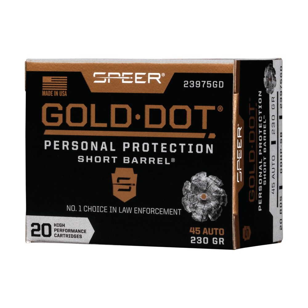 speer 23975gd gold dot personal protection short barrel 45acp 230gr hollow point 20 per box/10 case Speer 23975GD Gold Dot Personal Protection Short Barrel 45ACP 230gr Hollow Point 20 Per Box/10 Sports South item 108172
