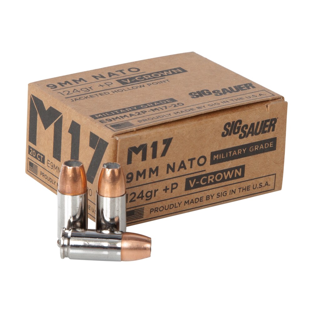 sig sauer e9mma2pm1720 military grade m17 9mmluger+p 124gr v crown jacketed hollow point 20 per box/10 case Sig Sauer E9MMA2PM1720 Military Grade M17 9mmLuger+P 124gr V-Crown Jacketed Hollow Point 20 Per Sports South item 108722