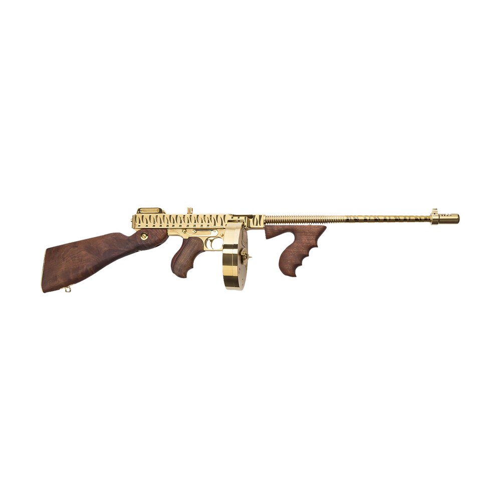 thompson t150dtgts 1927a 1 deluxe 45 acp caliber with 16.50" barrel, 20+1 capacity (stick), 50+1 capacity (drum), gold w/tiger stripe metal finish, american walnut stock wood grip right hand Thompson T150DTGTS 1927A-1 Deluxe 45 ACP Caliber Sports South item 108903