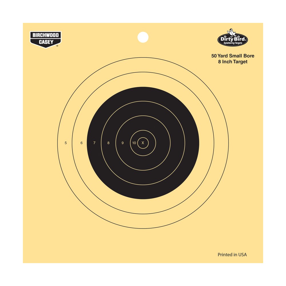 birchwood casey 35815 dirty bird 8" bullseye tagboard hanging 50 yds small bore rifle black/yellow 25 per pkg Birchwood Casey 35815 Dirty Bird 8" Bullseye Tagboard Hanging 50 yds Small Bore Rifle Sports South item 109526