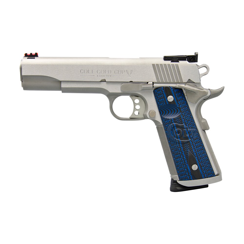colt mfg o5073xe gold cup trophy 38 super 9+1 5" stainless national match barrel, stainless steel serrated slide & frame w/beavertail, blue scalloped g10 grip, ambidextrous Colt Mfg O5073XE Gold Cup Trophy 38 Super 9+1 5" Stainless National Match Sports South item 109848