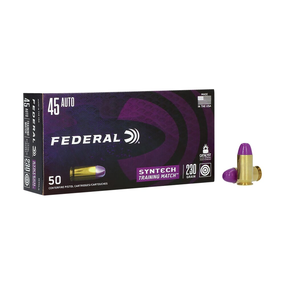 federal ae45sj2 syntech training match 45acp 230gr total syntech jacket flat nose 50 per box/10 case Federal AE45SJ2 Syntech Training Match 45ACP 230gr Total Syntech Jacket Flat Nose 50 Per Box/10 Sports South item 110421