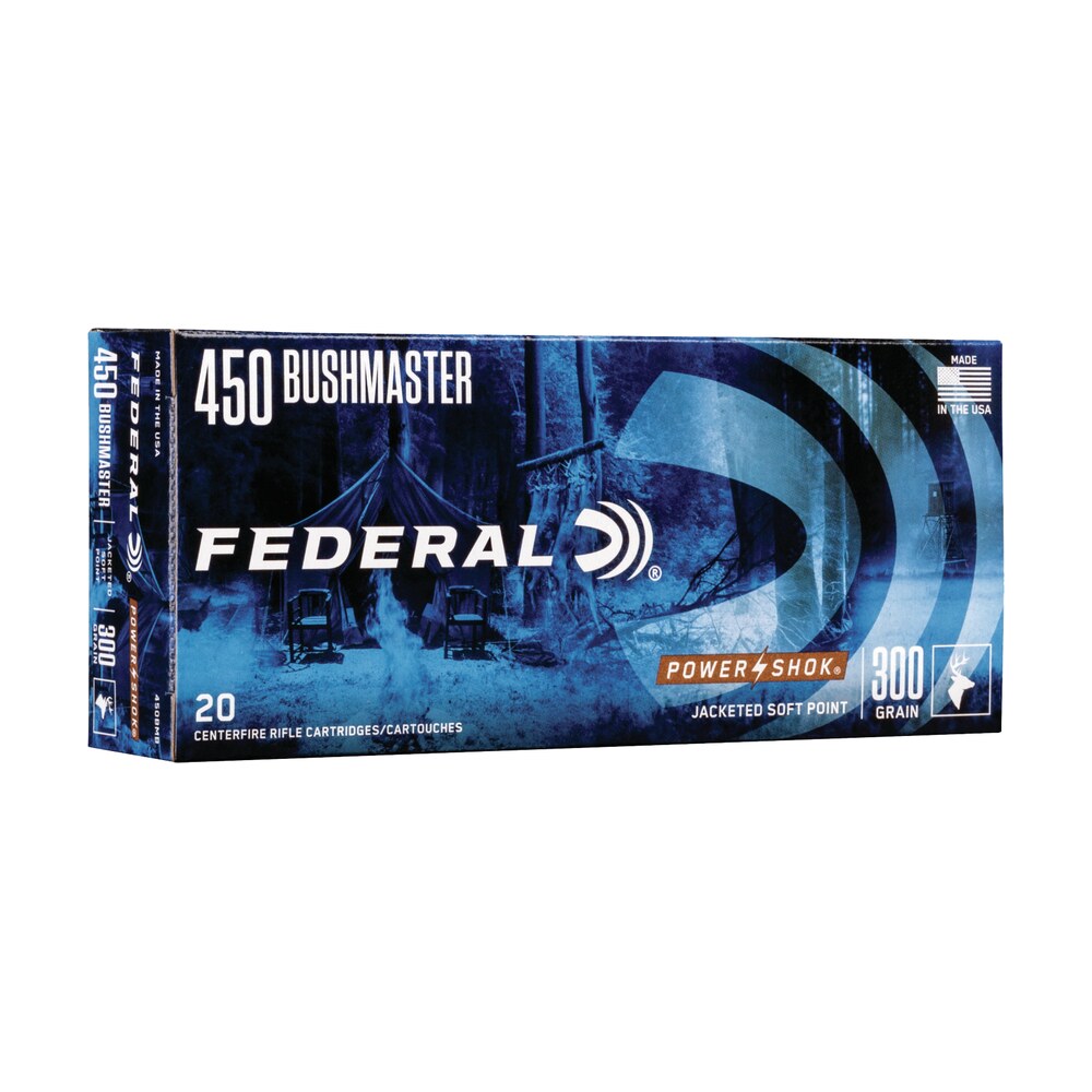 federal 450bmb power shok 450bushmaster 300gr jacketed soft point 20 per box/10 case Federal 450BMB Power-Shok 450Bushmaster 300gr Jacketed Soft Point 20 Per Box/10 Case Sports South item 110471