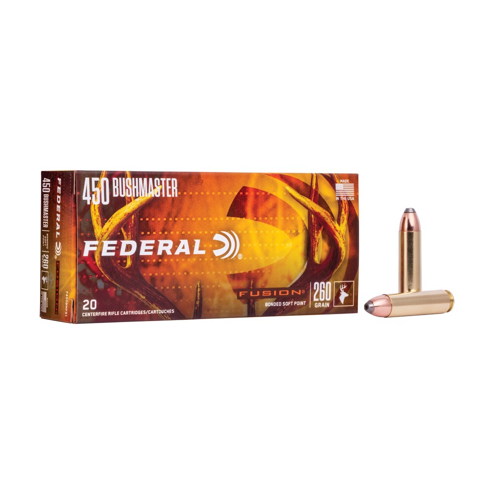 federal f450bmfs1 fusion 450bushmaster 260gr bonded soft point 20 per box/10 case Federal F450BMFS1 Fusion 450Bushmaster 260gr Bonded Soft Point 20 Per Box/10 Case Sports South item 110473