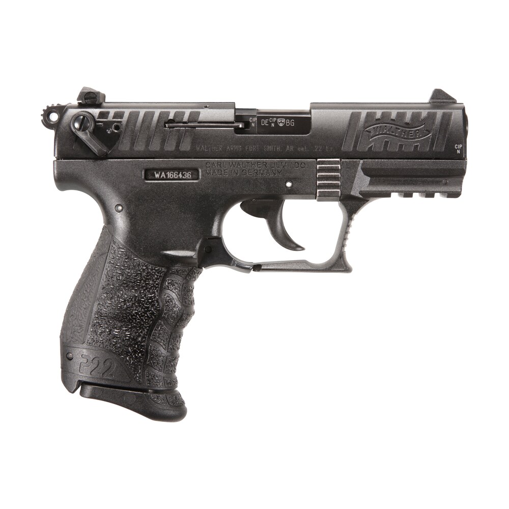 walther arms 5120700 p22 q 22 lr caliber with 3.42" threaded barrel, 10+1 capacity, black finish picatinny rail frame, serrated matte black tenifer zinc alloy slide & interchangeable backstrap grip Walther Arms 5120700 P22 Q 22 LR Caliber Sports South item 111597