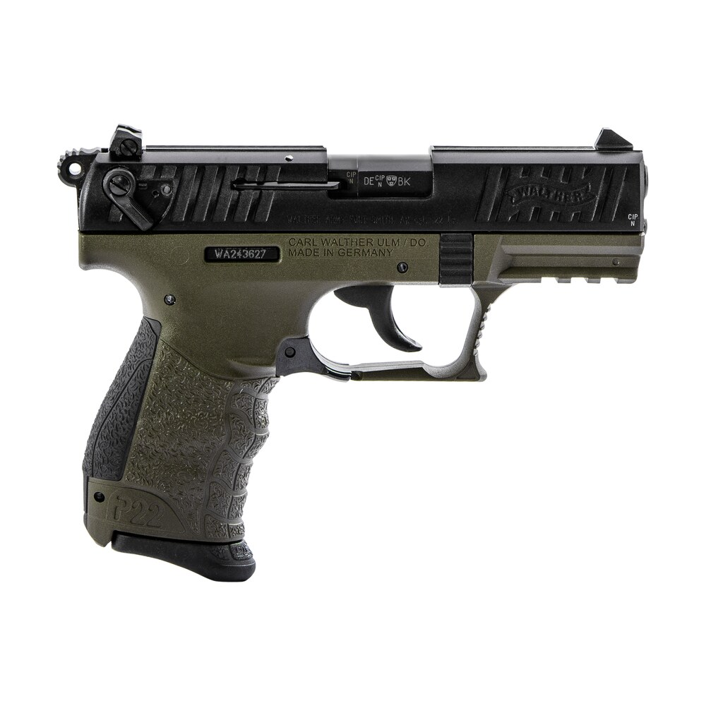 walther arms 5120715 p22 q military 22 lr 10+1 3.42" steel/threaded barrel, matte black tenifer serrated/steel slide, od green polymer frame w/picatinny rail, black interchangeable backstrap grips Walther Arms 5120715 P22 Q Military 22 LR 10+1 3.42" Steel/Threaded Sports South item 111598