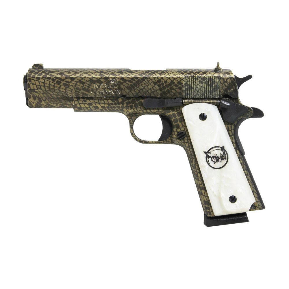 iver johnson arms 1911a1watermoccasin 1911 a1 water moccasin 45 acp 8+1 5" black steel barrel, green snakeskin hydrographic serrated steel slide & frame w/beavertail, white synthetic pearl grip Iver Johnson Arms 1911A1WATERMOCCASIN 1911 A1 Water Moccasin 45 ACP 8+1 5" Black Steel Sports South item 111729