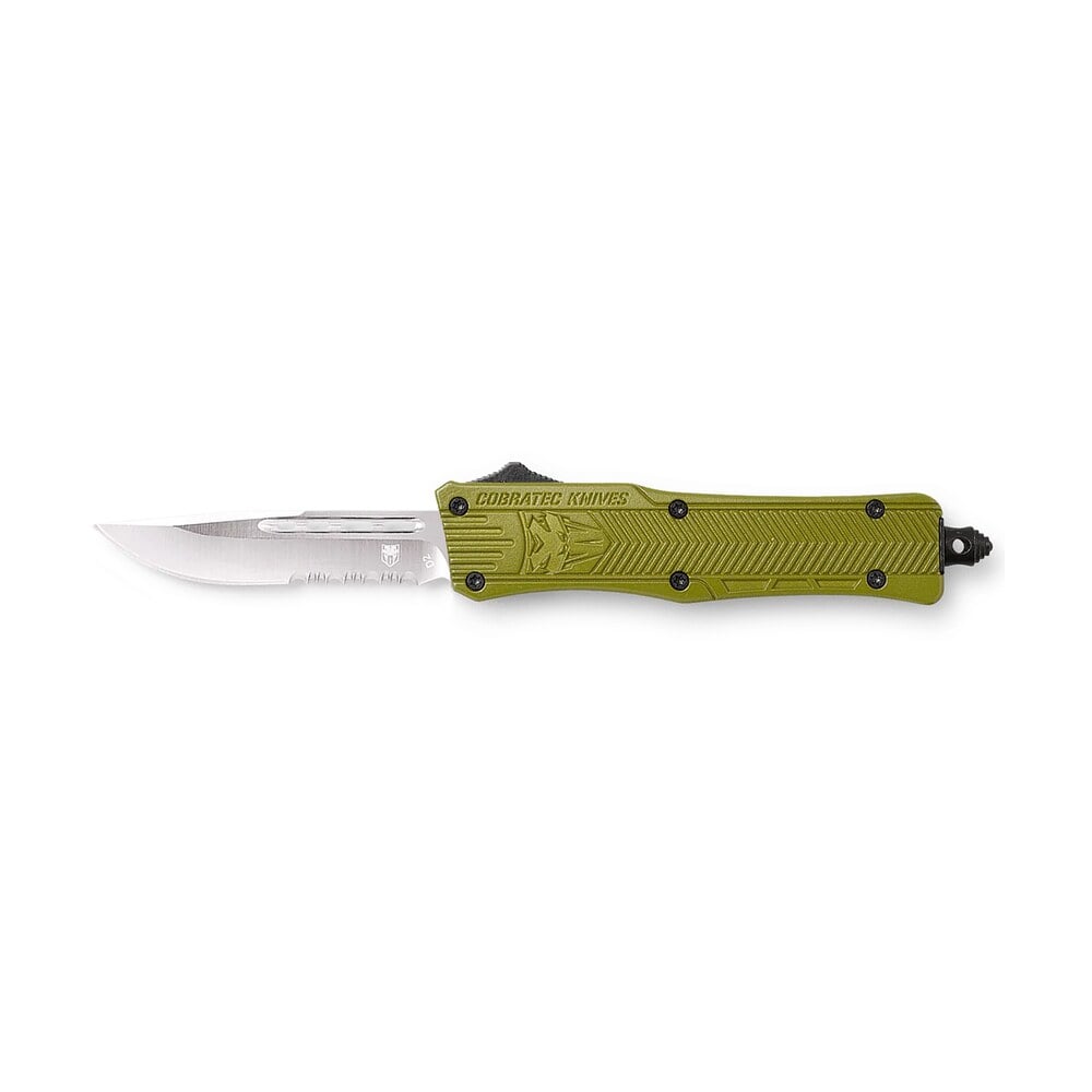 cobratec knives sodctk1sds ctk 1 small 2.75" otf drop point part serrated d2 steel blade/od green aluminum handle features glass breaker includes pocket clip CobraTec Knives SODCTK1SDS CTK-1 Small 2.75" OTF Drop Point Part Serrated D2 Steel Blade/OD Sports South item 112480