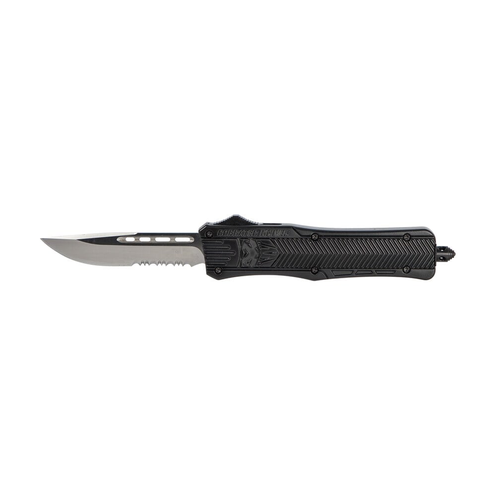 cobratec knives mbctk1mds ctk 1 medium 3" otf drop point part serrated d2 steel blade/black aluminum handle features glass breaker includes pocket clip CobraTec Knives MBCTK1MDS CTK-1 Medium 3" OTF Drop Point Part Serrated D2 Steel Blade/Black Sports South item 112489
