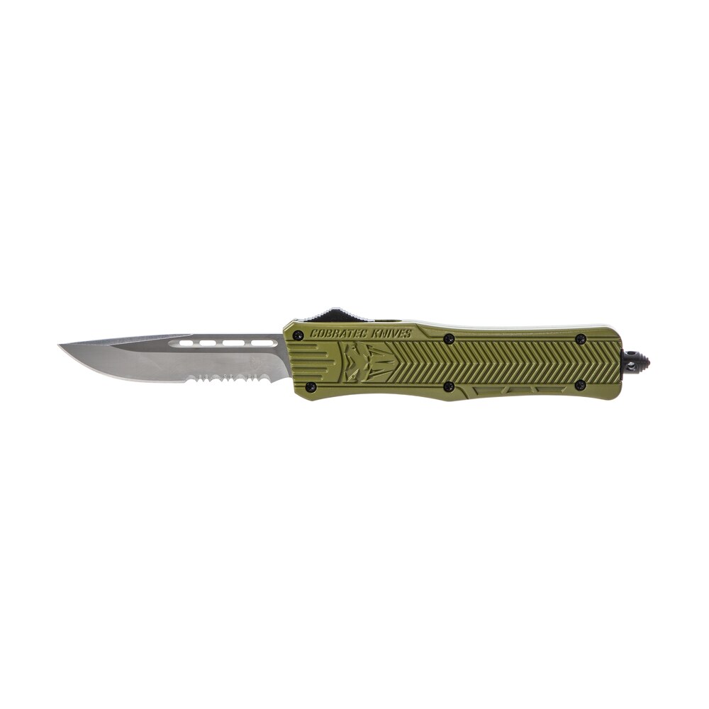 cobratec knives modctk1mds ctk 1 medium 3" otf drop point part serrated d2 steel blade/od green aluminum handle features glass breaker includes pocket clip CobraTec Knives MODCTK1MDS CTK-1 Medium 3" OTF Drop Point Part Serrated D2 Steel Blade/OD Green Sports South item 112495