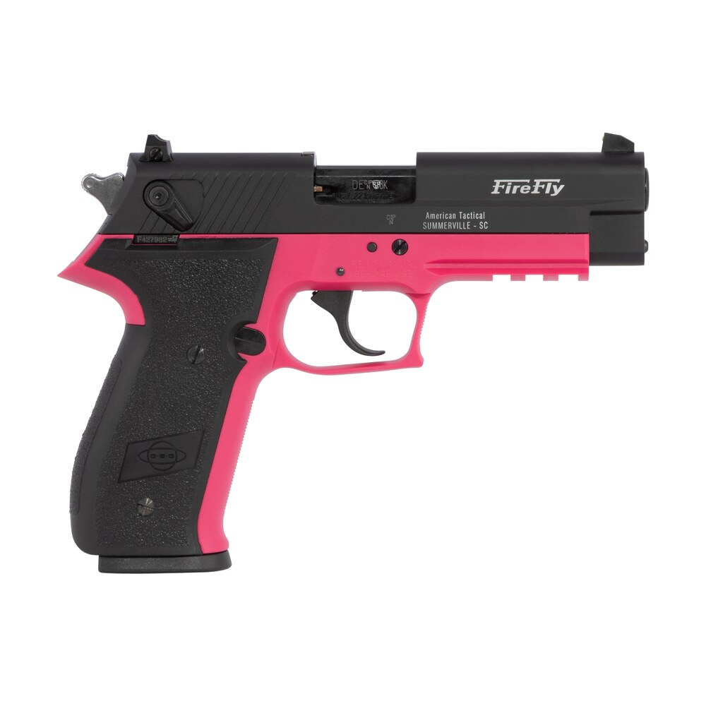 gsg gerg2210ffp firefly 22 lr 10+1 4" black serrated slide, pink zinc alloy w/accessory rail frame, black polymer grip GSG GERG2210FFP FireFly 22 LR 10+1 4" Black Serrated Slide, Pink Zinc Alloy Sports South item 112660