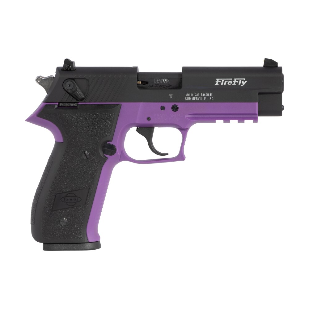 gsg gerg2210ffl firefly 22 lr 10+1 4" black serrated slide, purple zinc alloy w/accessory rail frame, black polymer grip GSG GERG2210FFL FireFly 22 LR 10+1 4" Black Serrated Slide, Purple Zinc Alloy Sports South item 112661