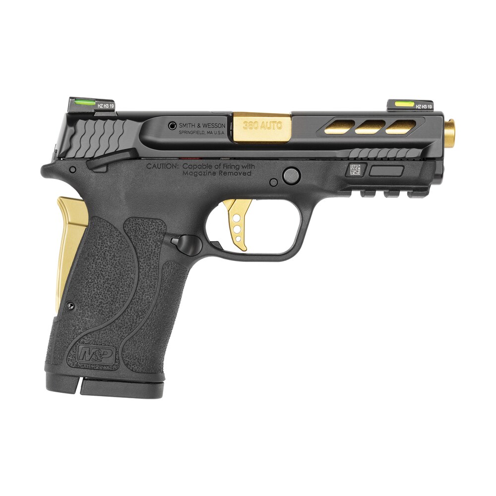 smith & wesson 12719 performance center m&p shield ez m2.0 380 acp 3.80" 8+1 black black armornite stainless steel slide black polymer grip gold colored accents Smith & Wesson 12719 Performance Center M&P Shield EZ M2.0 380 ACP 3.80" 8+1 Black Sports South item 113257