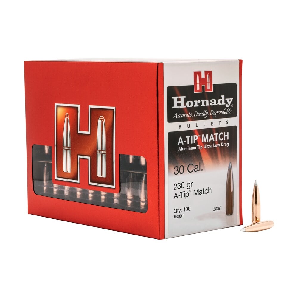 hornady 3091 a tip match 30 cal .308 230 gr a tip match 100 per box/ 10 case Hornady 3091 A-Tip Match 30 Cal .308 230 gr A Tip Match 100 Per Box/ 10 Case Sports South item 113366