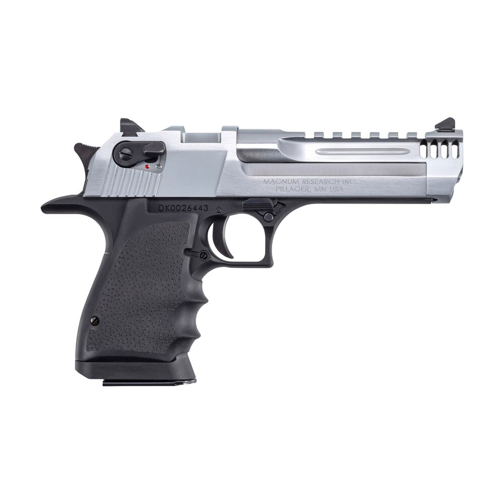magnum research de50l5bc desert eagle l5 50 ae 5" with muzzle brake 7+1 black hardcoat anodized aluminum frame brushed chrome carbon steel slide black hogue wraparound rubber grip Magnum Research DE50L5BC Desert Eagle L5 50 AE 5" Sports South item 113392