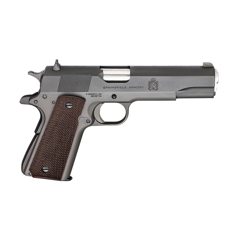 springfield armory pbd9108l 1911 mil spec defender legacy 45 acp 7+1 5" satin stainless match grade barrel, black parkerized serrated carbon steel slide & frame w/beavertail, checkered wood grip Springfield Armory PBD9108L 1911 Mil-Spec Defender Legacy 45 ACP 7+1 5" Satin Stainless Match Sports South item 113617