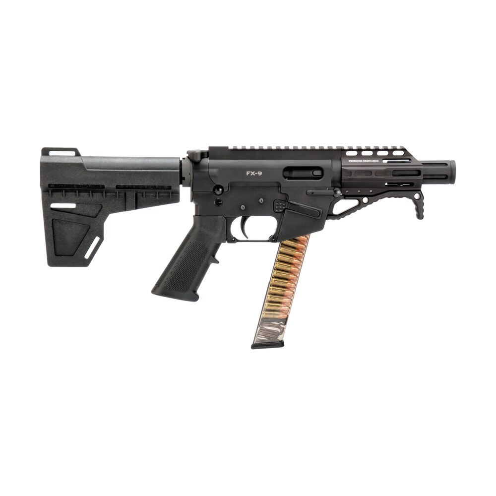 freedom ordnance fx9p4 fx 9 9mm luger 31+1 4.50" black nitride chromoly steel barrel black hard coat anodized black kak shockwave pistol brace black polymer grips right hand Freedom Ordnance FX9P4 FX-9 9mm Luger 31+1 4.50" Black Nitride Chromoly Steel Barrel Black Hard Sports South item 113630
