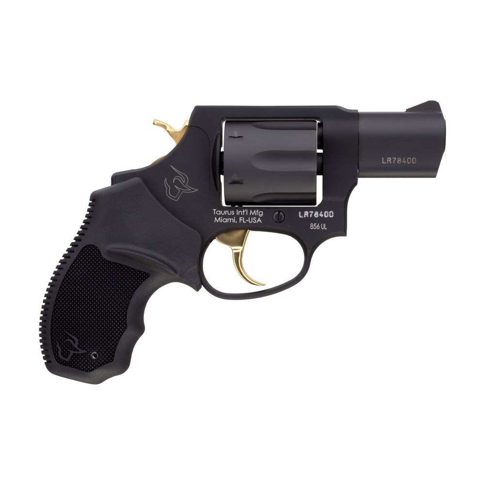 taurus 2 856021ulgld 856 ultra lite 38 special caliber with 2" barrel, 6rd capacity cylinder, overall matte black metal finish, gold trigger/hammer frame & finger grooved black rubber grip Taurus 2-856021ULGLD 856 Ultra-Lite 38 Special Caliber Sports South item 113679