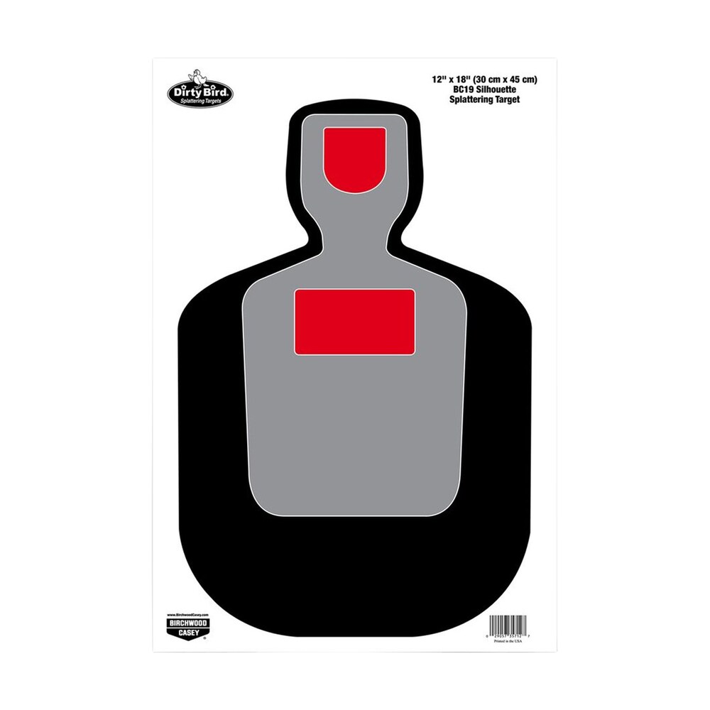 birchwood casey 35712 dirty bird bc 19 silhouette paper hanging pistol 12" x 18" black/gray/red white impact splatter 100 per pkg Birchwood Casey 35712 Dirty Bird BC-19 Silhouette Paper Hanging Pistol 12" x 18" Black/Gray/Red Sports South item 113788