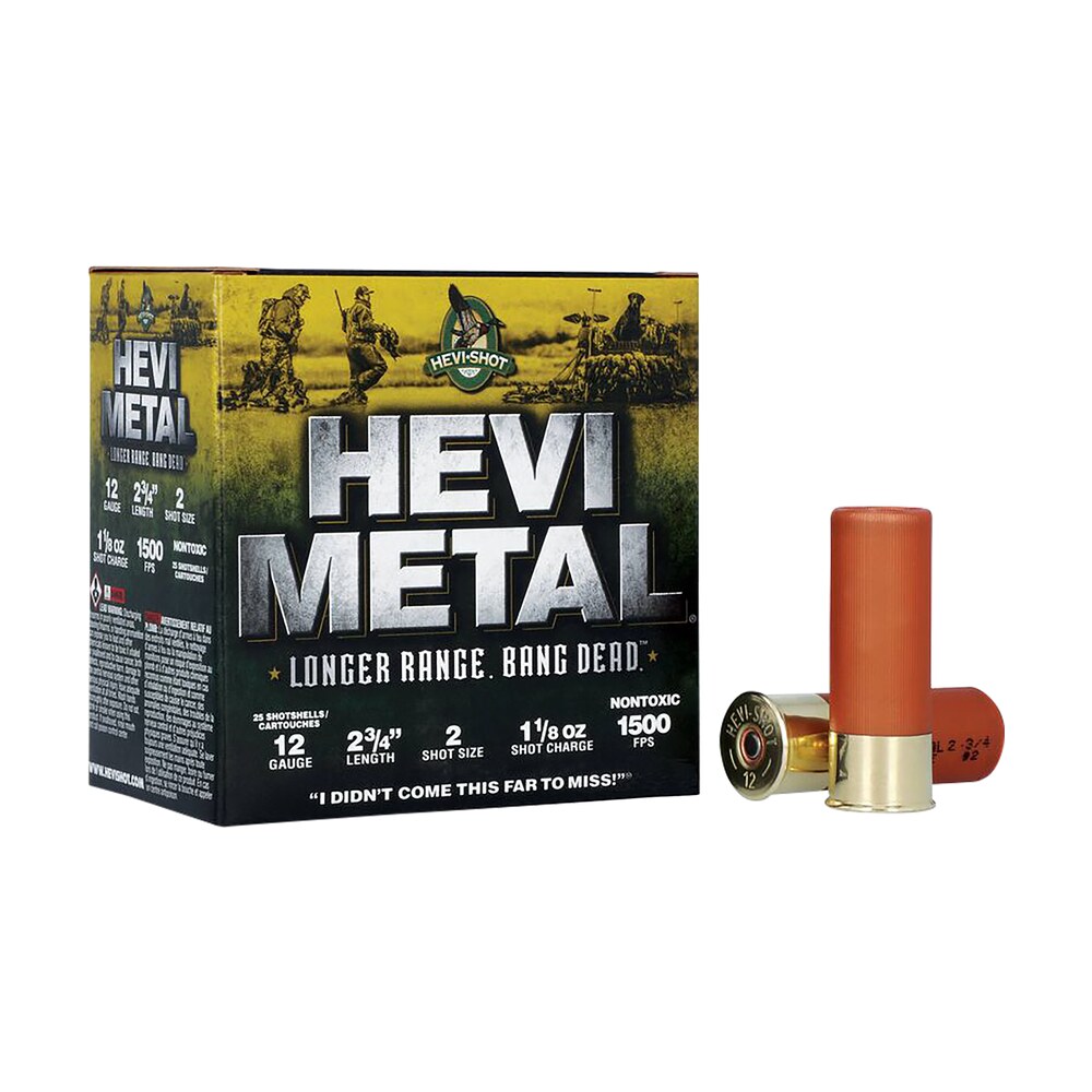 hevi metal hs38702 hevi metal longer range 12gauge 2.75" 1 1/8oz 2shot 25 per box/10 case HEVI-Metal HS38702 HEVI-Metal Longer Range 12Gauge 2.75" 1 1/8oz 2Shot 25 Per Box/10 Case Sports South item 114153