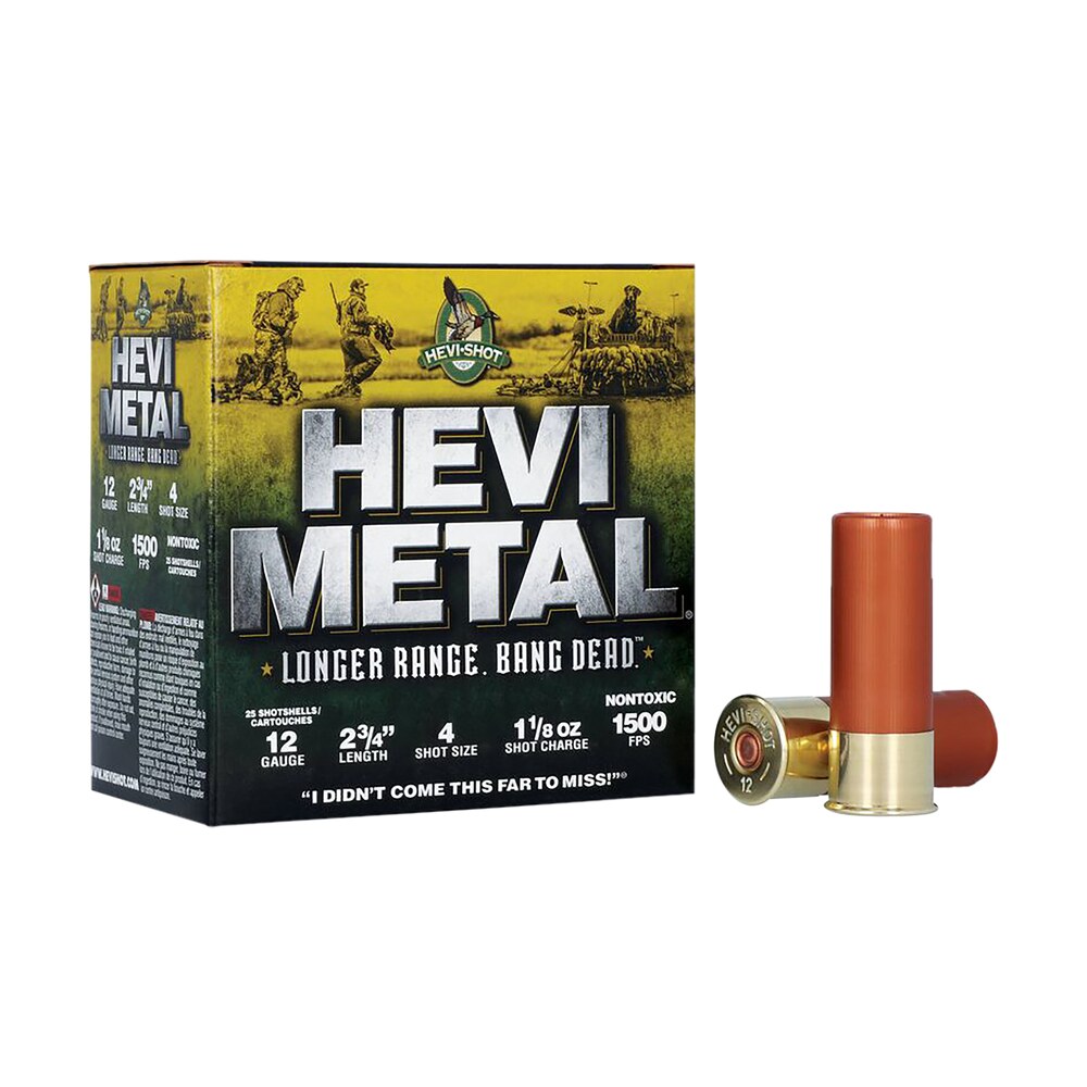 hevi metal hs38704 hevi metal longer range 12gauge 2.75" 1 1/8oz 4shot 25 per box/10 case HEVI-Metal HS38704 HEVI-Metal Longer Range 12Gauge 2.75" 1 1/8oz 4Shot 25 Per Box/10 Case Sports South item 114155
