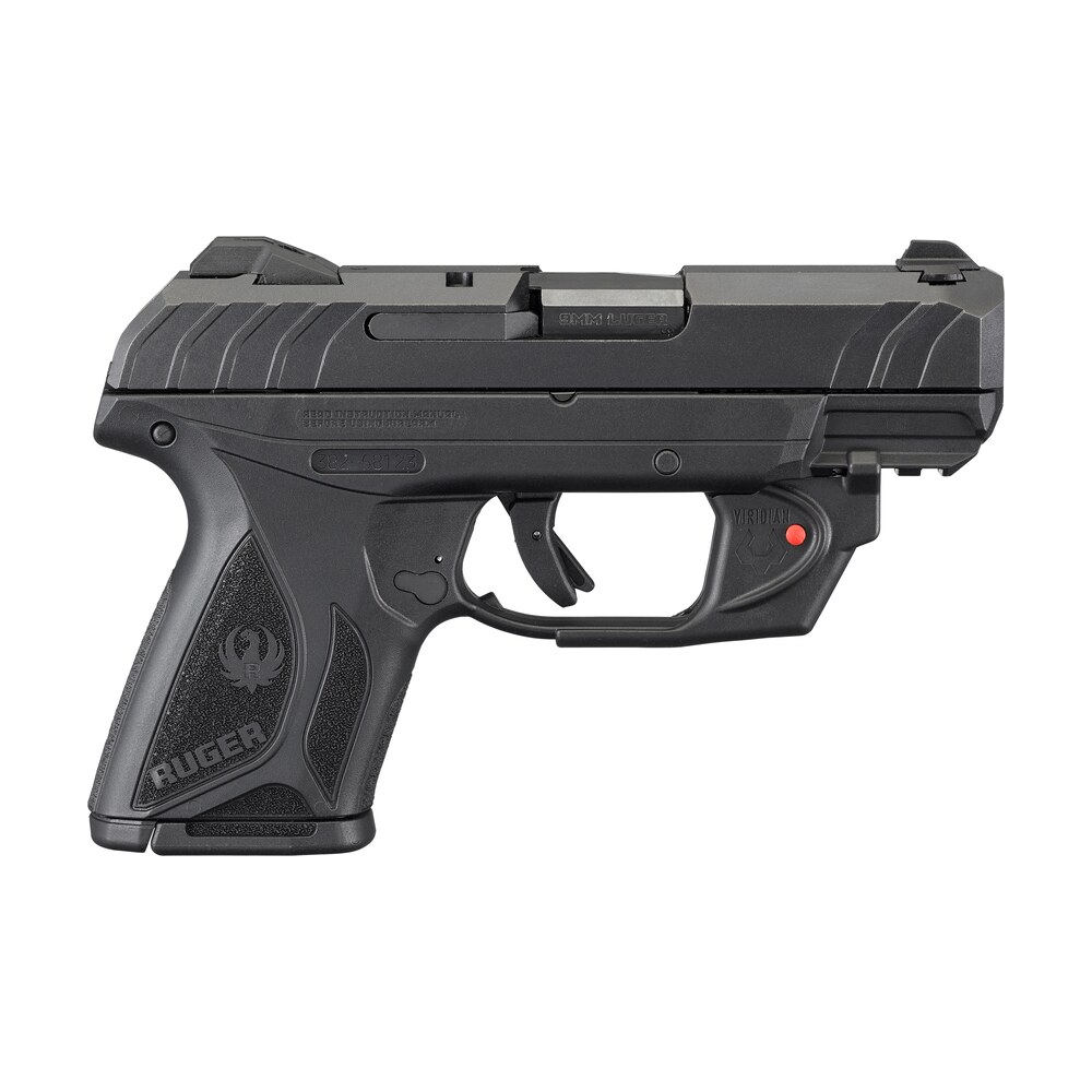 ruger 3830 security 9 compact 9mm luger 3.42" barrel 10+1, black nylon grip frame with picatinny acc. rail, black oxide steel slide, manual safety, includes viridian red laser Ruger 3830 Security-9 Compact 9mm Luger 3.42" Barrel 10+1, Black Nylon Grip Frame Sports South item 115154