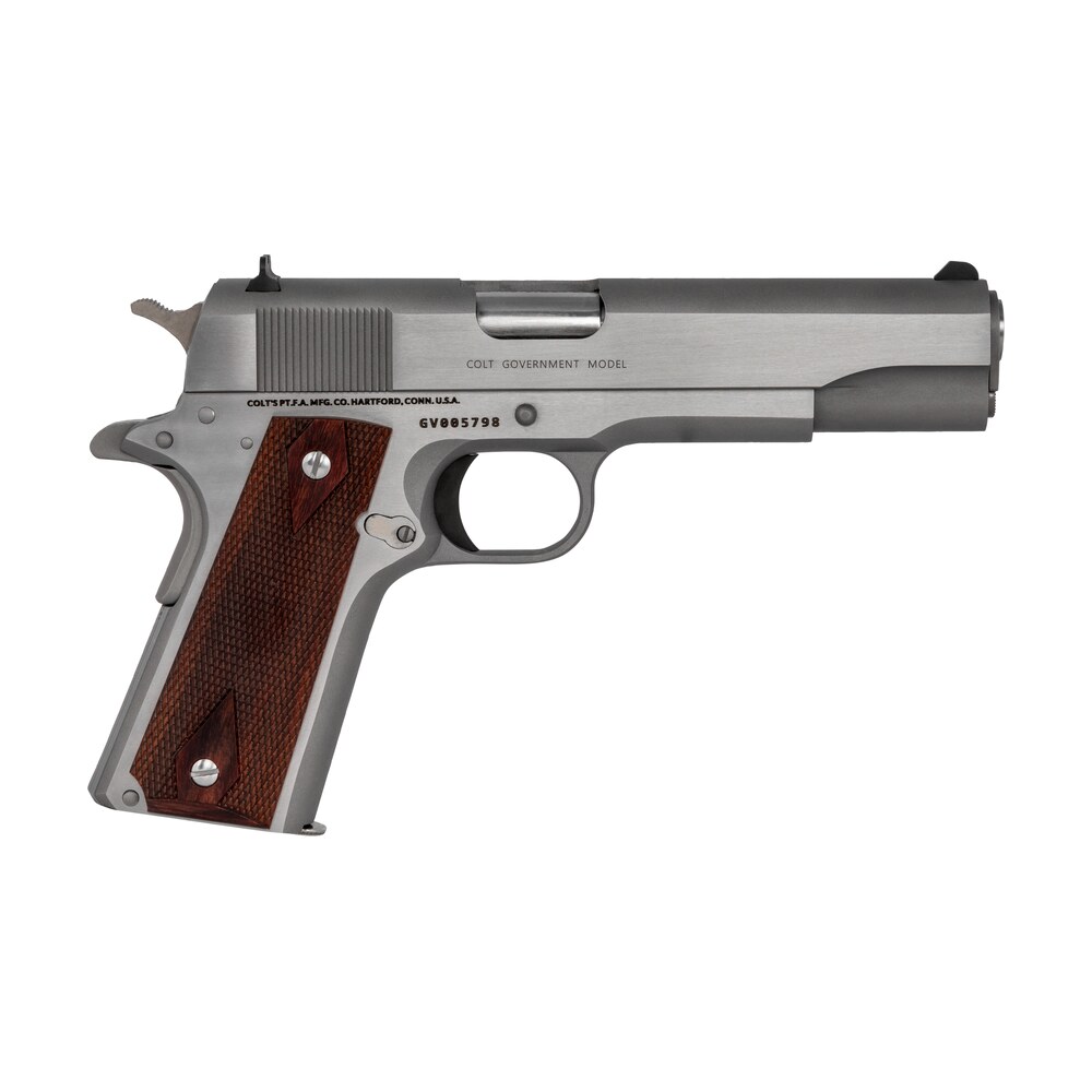 colt mfg o1911css 1911 government 45 acp 7+1 5" stainless national match barrel, serrated stainless steel slide, stainless steel frame w/beavertail, rosewood grip, right hand Colt Mfg O1911CSS 1911 Government 45 ACP 7+1 5" Stainless National Match Sports South item 115396