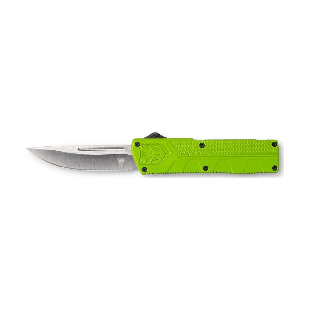 cobratec knives zbgctlwdns lightweight 3.25" otf drop point plain d2 steel blade/zombie green aluminum handle includes pocket clip CobraTec Knives ZBGCTLWDNS Lightweight 3.25" OTF Drop Point Plain D2 Steel Blade/Zombie Green Sports South item 115615